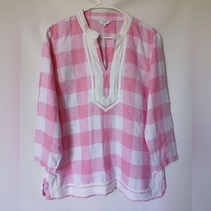 Crown & Ivy Womens Tunic Top 100% Linen Size L Color Pink & White Checkered